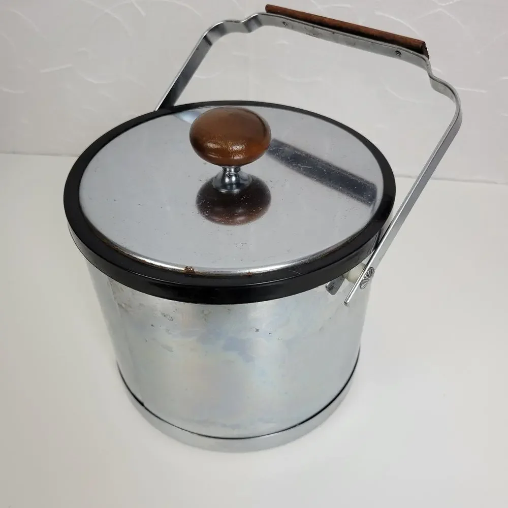 Vintage Home Kitchen Ice Bucket Container Wood Silver‎ Chrome Mid Century Retro